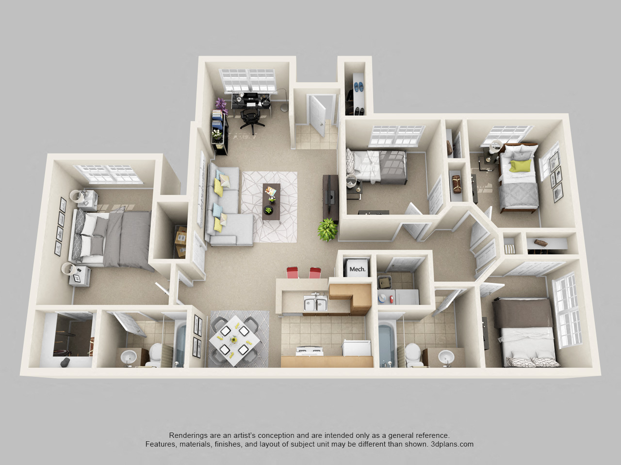 Floor plan for 4 beds, 2 baths, 1348 sqft